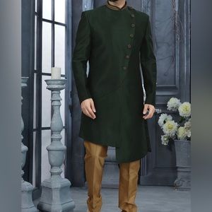 DARK GREEN JACQUARD SILK SHERWANI MENS SIZE L